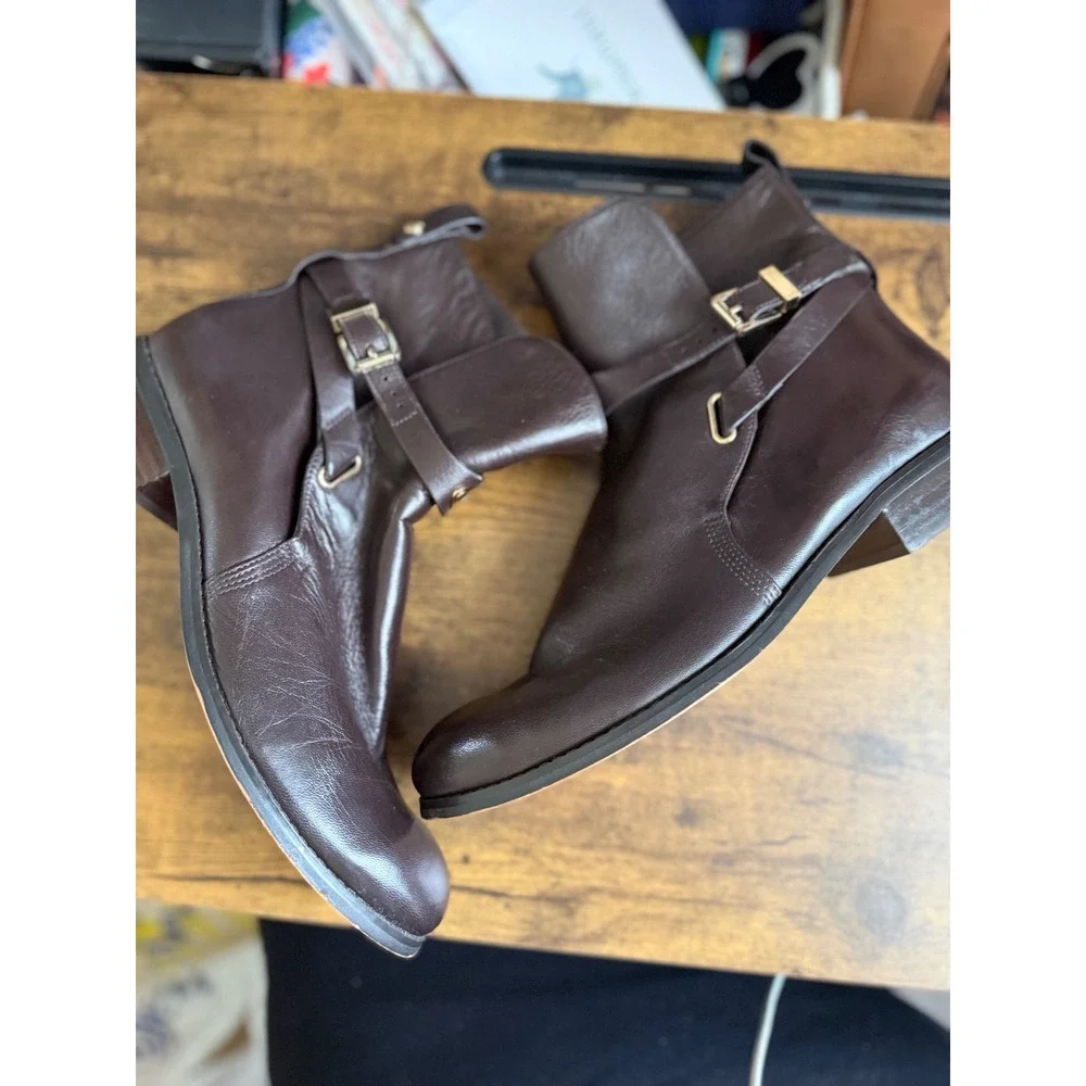 Michael Kors Arley Brown Leather Ankle Boots Size 10M Gold Hardware Moto